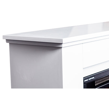 Luxo Anala 1500W Electric Fireplace Mantel & Heater White showcasing a classic-style mantel with intricate detailing, featuring realistic LED flames and a log set, designed for cosy home environments.