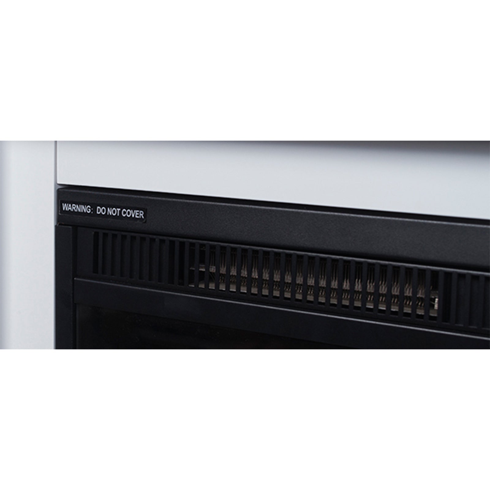 Luxo Anala 1500W Electric Fireplace Mantel & Heater features a sleek black rectangular design with a prominent metal vent, ideal for stylishly warming and enhancing your living space.