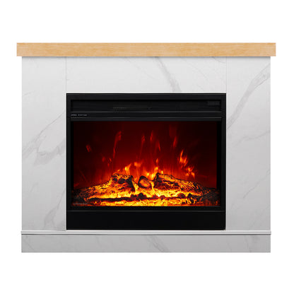 Front view of Awaba Electric Fireplace 1950W with LED Flame and Timer in White Marble featuring a luxurious black marble-look mantel and a clear LED flame display