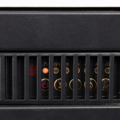 Close-up of  Awaba Electric Fireplace 1950W with LED Flame and Timer - White Marble showing timer and flame brightness settings for user convenience.