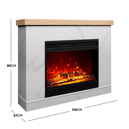 A diagram showing the dimensions of  Awaba Electric Fireplace 1950W with LED Flame and Timeri in White Marble: 93cm Height x 27cm Depth x 114cm Width, providing exact measurements for fitting