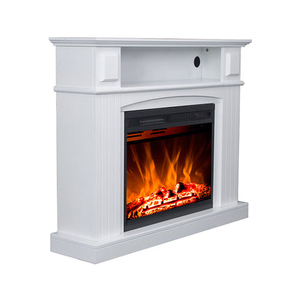Banhi 1500W Electric Fireplace Heater with Mantel in White, featuring a realistic glowing log display, flickering LED flames, built-in shelf with cable management, and a sleek, freestanding design.
