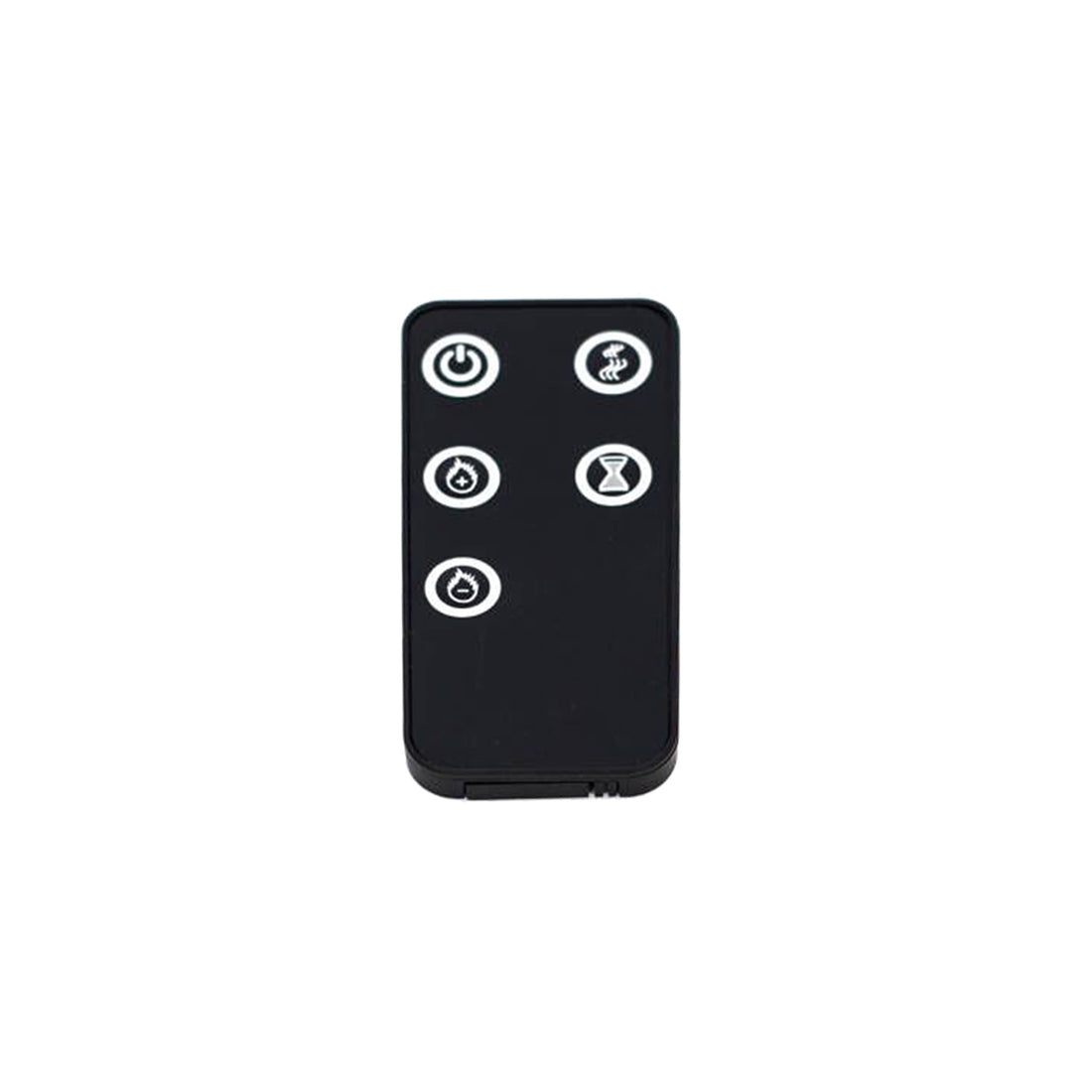 Dakota 60 Wall Mounted 1500W Electric Fireplace Heater Black, featuring a compact remote control with buttons for power, mist modes, timer, and mist adjustment, ideal for modern heating convenience.