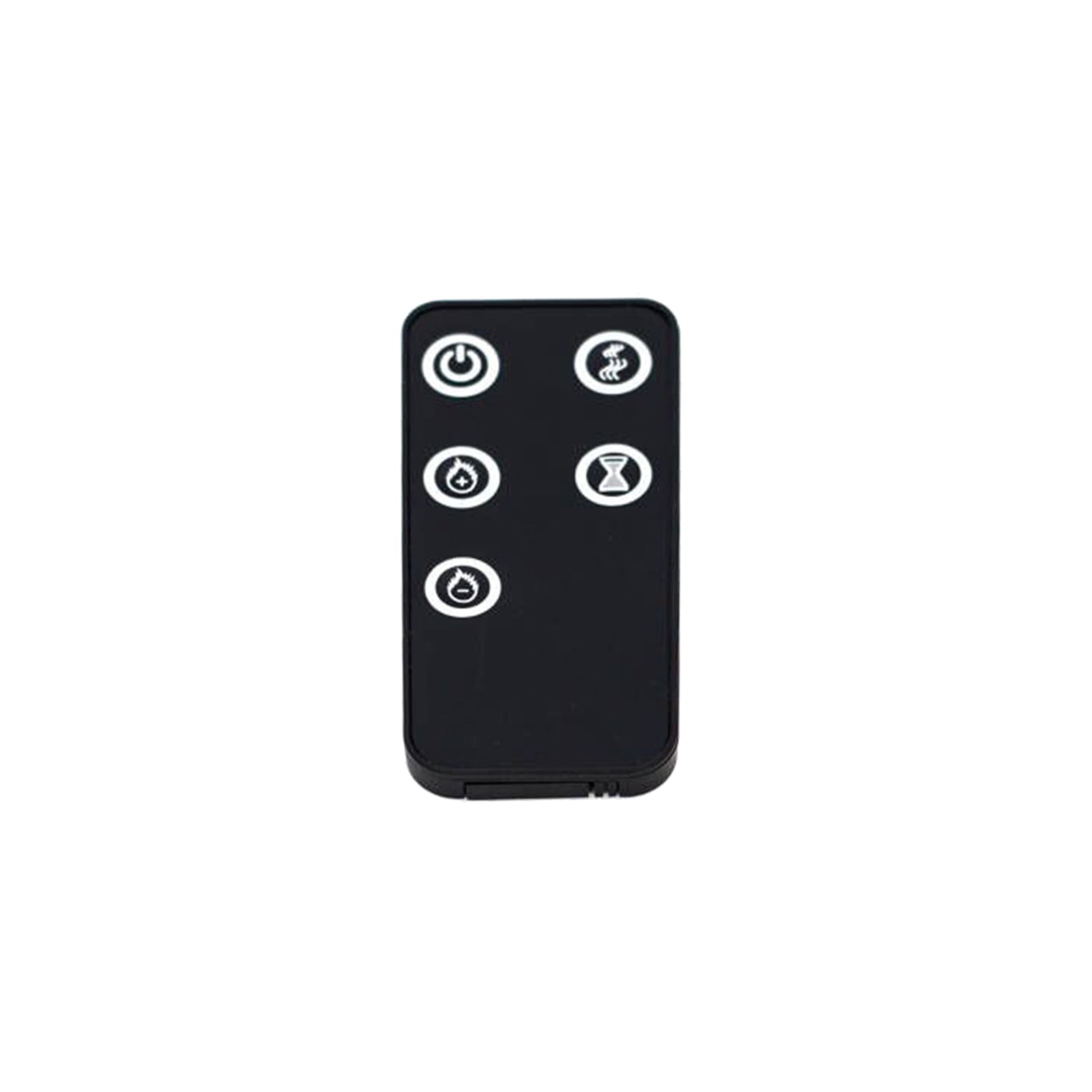 Dakota 60 Wall Mounted 1500W Electric Fireplace Heater Black, featuring a compact remote control with buttons for power, mist modes, timer, and mist adjustment, ideal for modern heating convenience.
