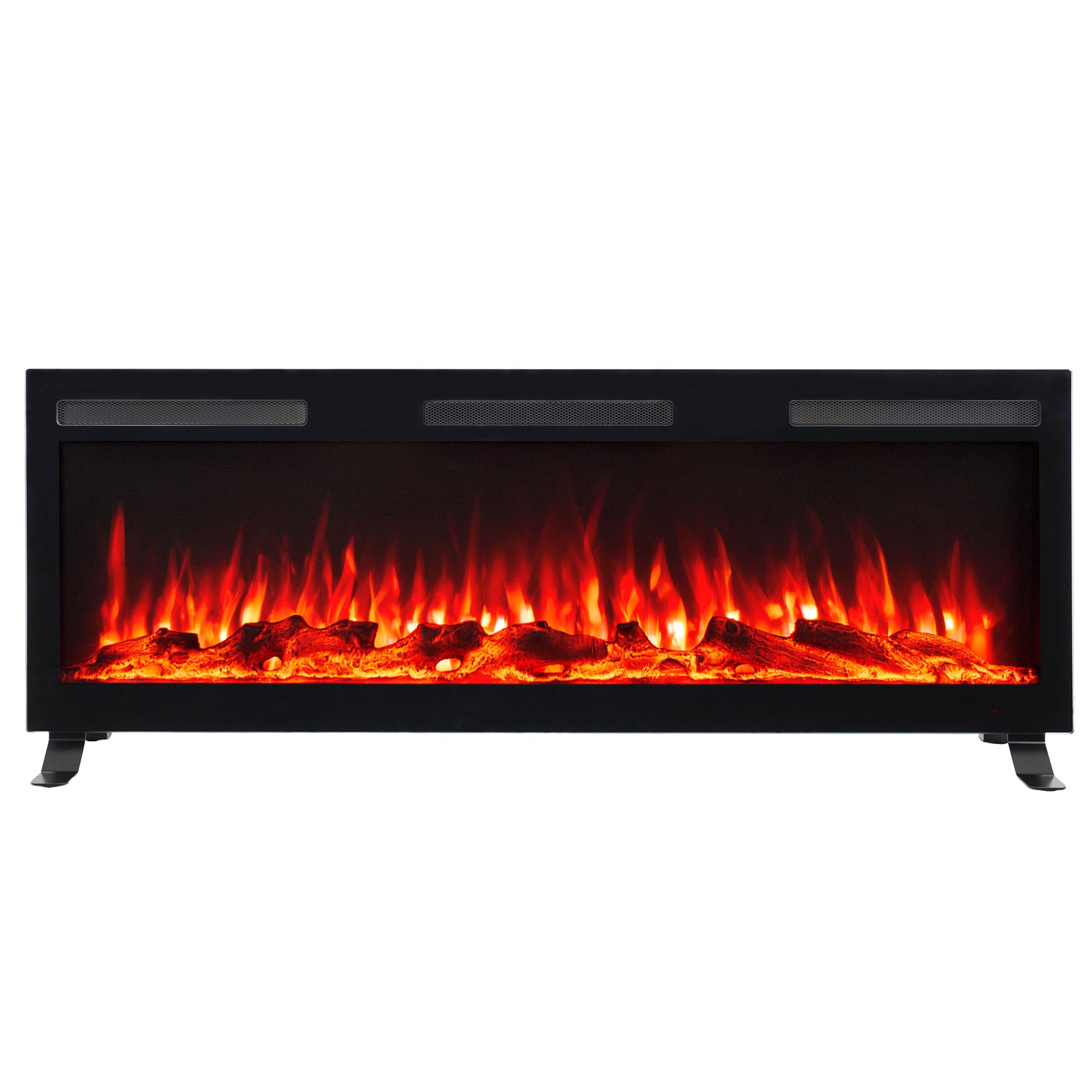 Nebraska 1500W Wall Mounted LED Electric Fireplace in Black features a black metal frame, glass-front firebox with faux logs, LED flame effect, and top vent, suitable for freestanding or wall-mounted use.