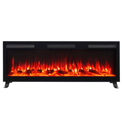 Nebraska 1500W Wall Mounted LED Electric Fireplace in Black features a black metal frame, glass-front firebox with faux logs, LED flame effect, and top vent, suitable for freestanding or wall-mounted use.