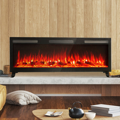 Nebraska 1500W Wall Mounted LED Electric Fireplace in Black features a sleek metal frame with glowing flames over faux logs, set against a light-wood wall on a stone shelf for a modern, cozy ambiance.