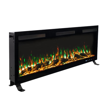 Nebraska 1500W Wall Mounted LED Electric Fireplace in Black, featuring a sleek, black metal design with glass-fronted firebox, glowing faux logs, and multi-colored LED flames, suitable for wall-mounting or freestanding installation.