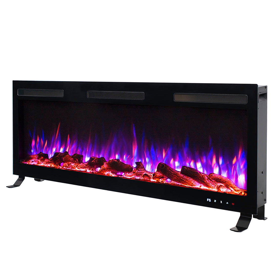 Nebraska 1500W Wall Mounted LED Electric Fireplace in Black, featuring a sleek design with simulated LED flames in purple, blue, and red hues over realistic logs, providing both visual ambiance and efficient space heating.