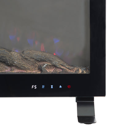 Nebraska 1500W Wall Mounted LED Electric Fireplace in Black, featuring faux logs, colored flame effects behind glass, black metal frame with stand, and touch control panel with heat, timer, and power icons.