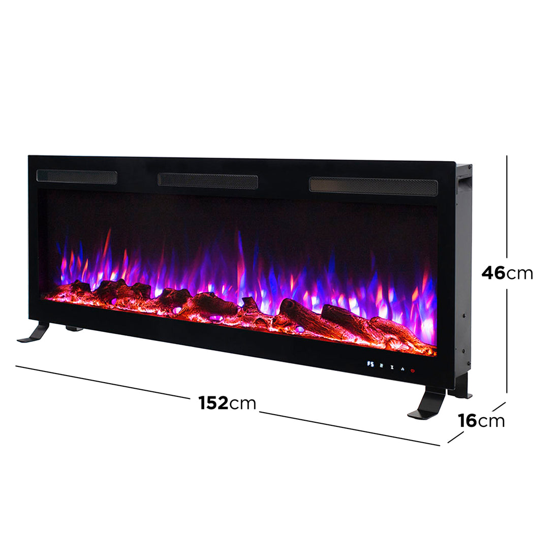 Nebraska 1500W Wall Mounted LED Electric Fireplace in Black, featuring a slim design with faux logs, multicolored LED flames, and dimensions of 152cm wide, 46cm tall, and 16cm deep.