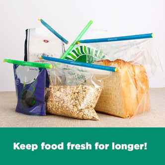 30pcs Reusable Sealing Clips - Blue & Green secure sliced bread, rolled oats, and dried fruit in clear bags, demonstrating their effectiveness in maintaining freshness with colorful, long sealing rods.