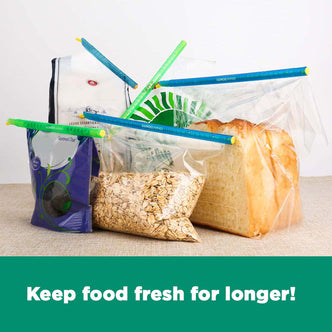 Bundle Test - 12 Pcs Reusable Kitchen Sealing Stick Clips shown securing various plastic food bags, filled with oats, sliced bread, and dried fruit, highlighting their role in keeping food fresh longer.