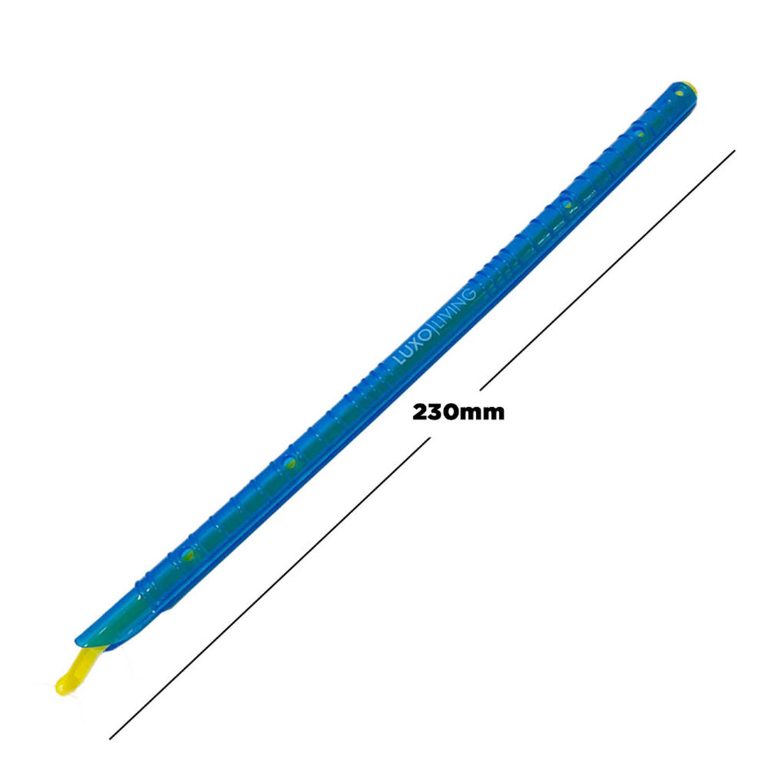 Blue LUXO LIVING 230mm ear-wax curette with a grooved handle and yellow silicone scoop for gentle wax removal, unrelated to 6pcs Kitchen Sealing Stick Reusable Clips Bag Sealer Blue.