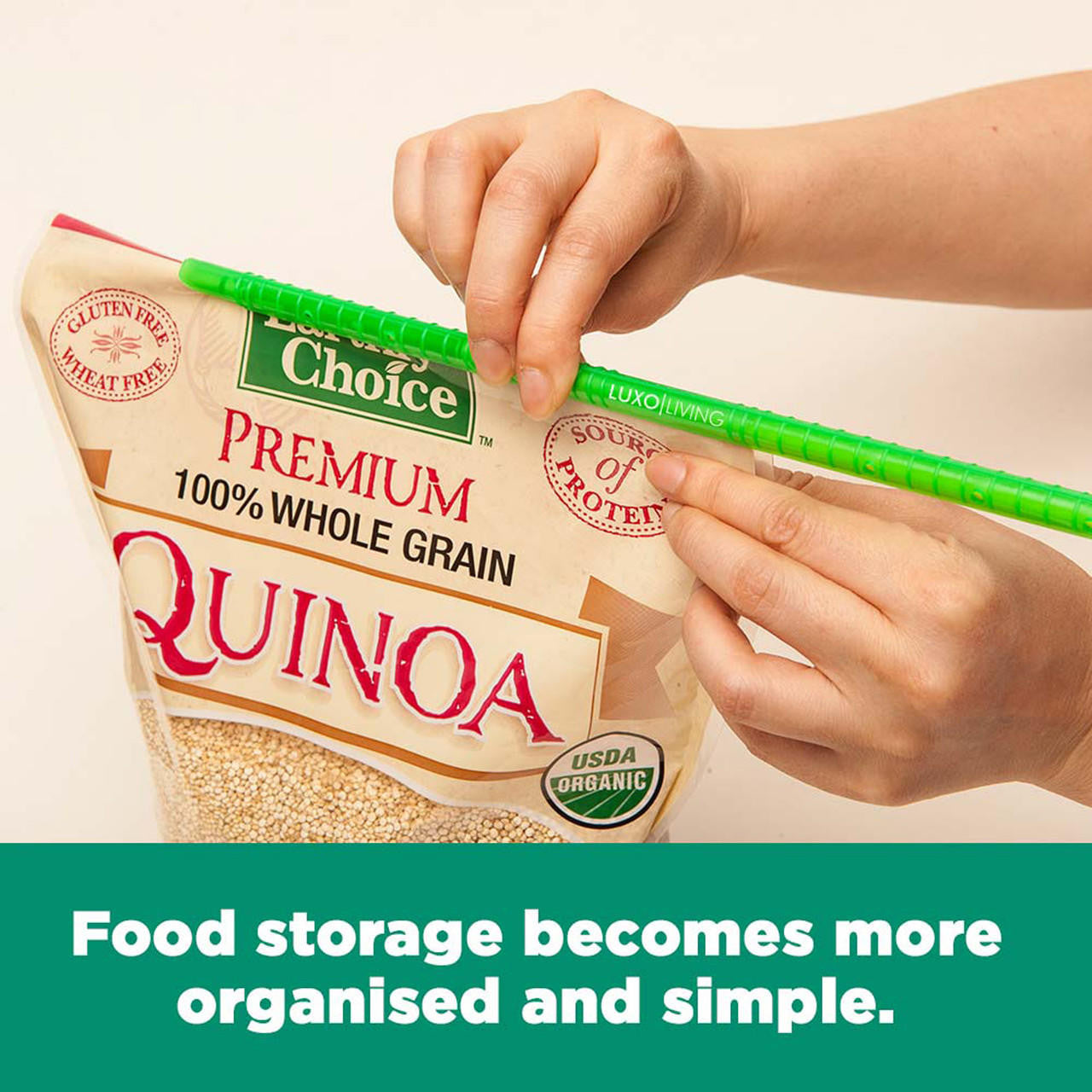 Person uses Luxo Living's 10pcs Sealing Sticks Reusable Clips Bag Sealer in Green to reseal Earth's Choice quinoa bag, showcasing easy, organized food storage.