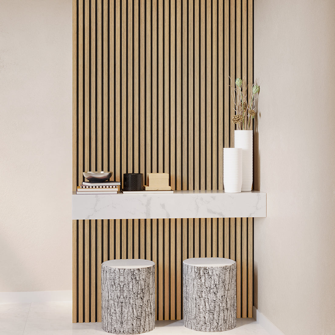 Agoran 240cm Acoustic Wood Slat Wall Panel Natural, featuring sleek vertical slats on sturdy backing, positioned against a smooth surface, showcasing its modern design ideal for enhancing room acoustics and aesthetics.