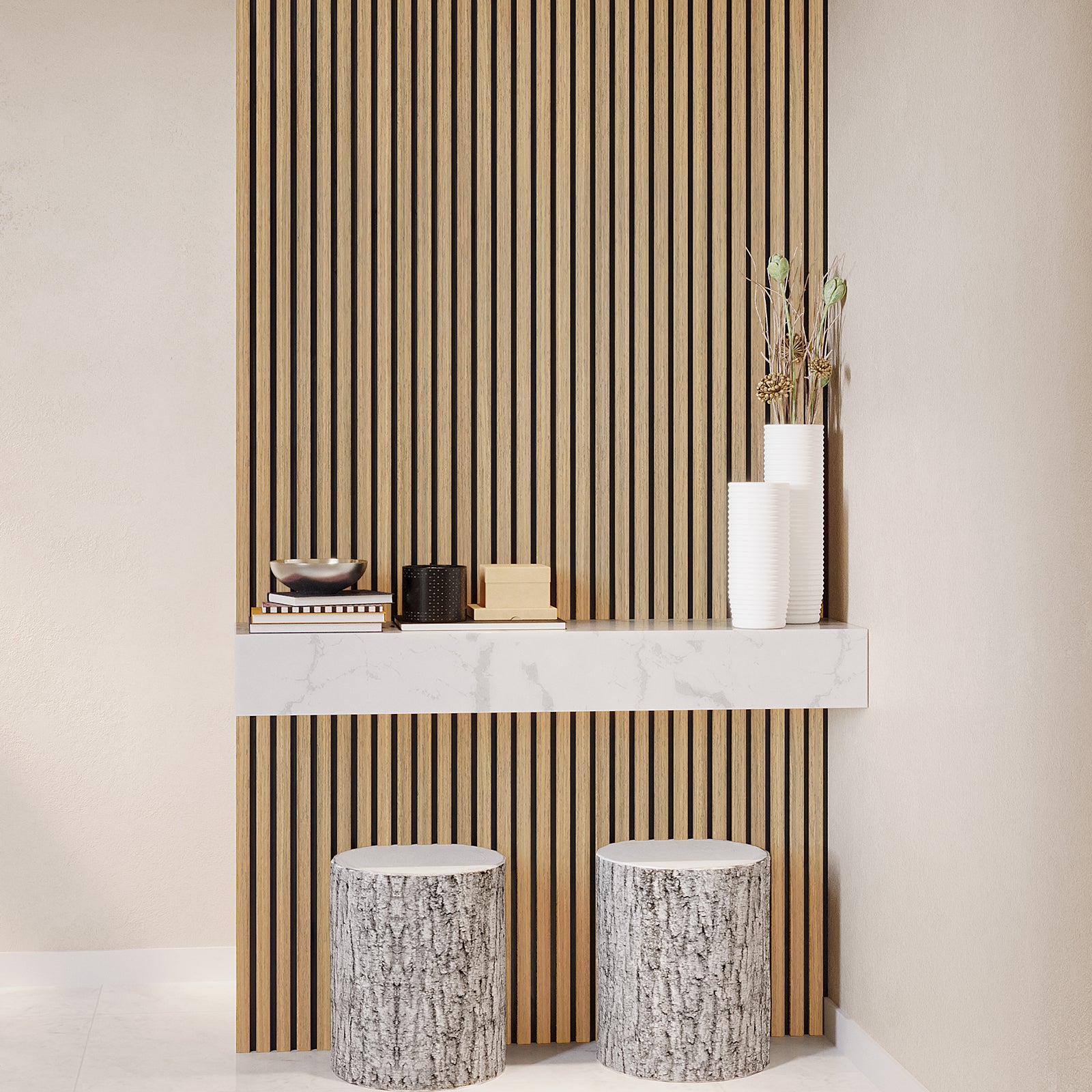 Agoran 240cm Acoustic Wood Slat Wall Panel Natural, featuring sleek vertical slats on sturdy backing, positioned against a smooth surface, showcasing its modern design ideal for enhancing room acoustics and aesthetics.