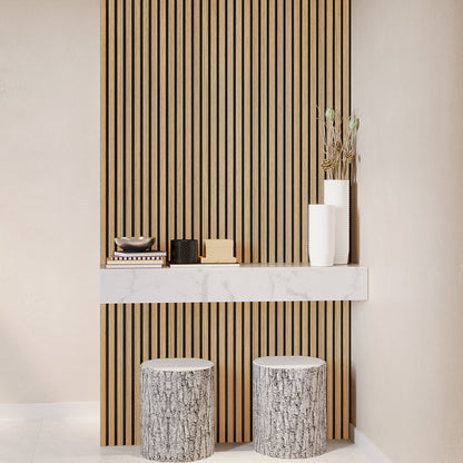 Agoran 240cm Acoustic Wood Slat Wall Panel Natural, featuring sleek vertical slats on sturdy backing, positioned against a smooth surface, showcasing its modern design ideal for enhancing room acoustics and aesthetics.