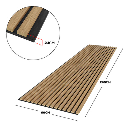 Agoran 240cm Acoustic Slat Wall Panel in Natural, featuring evenly spaced oak-look strips on a dark backing, ideal for modern interiors with a sleek, linear design and sound-reducing benefits.