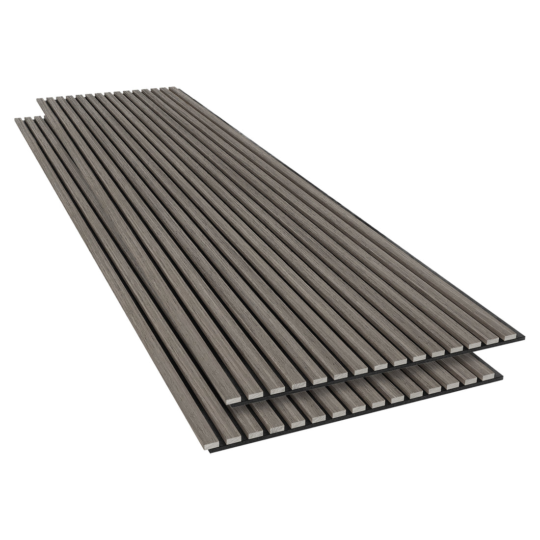 Agoran 240cm Acoustic Wood Slat Wall Panel - Set of 2 Grey Oak, featuring neatly stacked wood slats with engineered timber veneer, designed for stylish spaces and sound reduction.