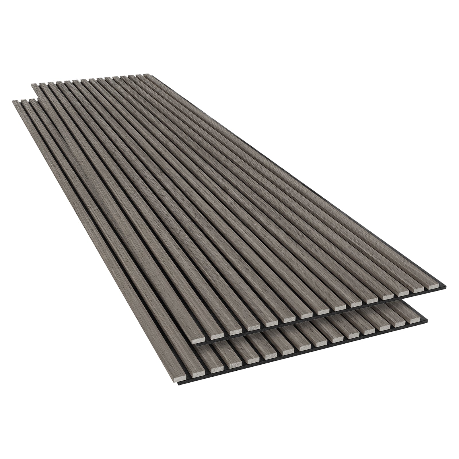 Agoran 240cm Acoustic Wood Slat Wall Panel - Set of 2 Grey Oak, featuring neatly stacked wood slats with engineered timber veneer, designed for stylish spaces and sound reduction.
