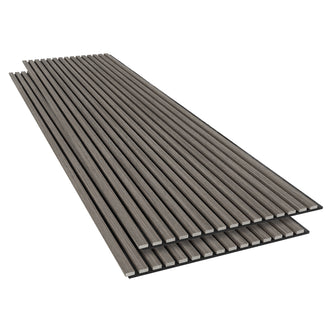 Agoran 240cm Acoustic Wood Slat Wall Panel - Set of 2 Grey Oak, featuring neatly stacked wood slats with engineered timber veneer, designed for stylish spaces and sound reduction.