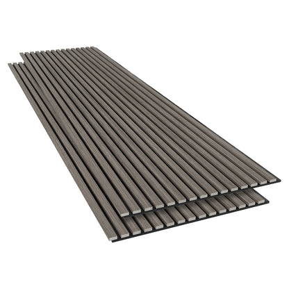 Agoran 240cm Acoustic Wood Slat Wall Panel - Set of 2 Grey Oak, featuring neatly stacked wood slats with engineered timber veneer, designed for stylish spaces and sound reduction.