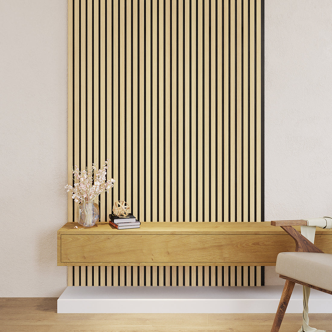 Close-up of the Agoran 240cm Acoustic Wood Slat Wall Panel - Set of 2 Oak, showcasing the sleek wood slats designed for stylish interior enhancement and effective soundproofing.