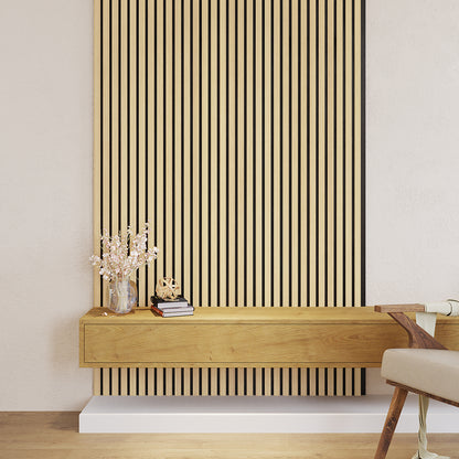 Close-up of the Agoran 240cm Acoustic Wood Slat Wall Panel - Set of 2 Oak, showcasing the sleek wood slats designed for stylish interior enhancement and effective soundproofing.