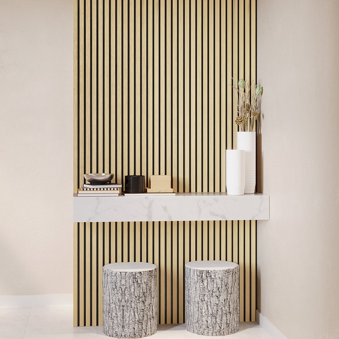 Agoran 240cm Acoustic Wood Slat Wall Panel - Set of 2 Oak, featuring a close-up of wood slats with a sleek finish, showcasing the modern design suitable for soundproofing and decor.