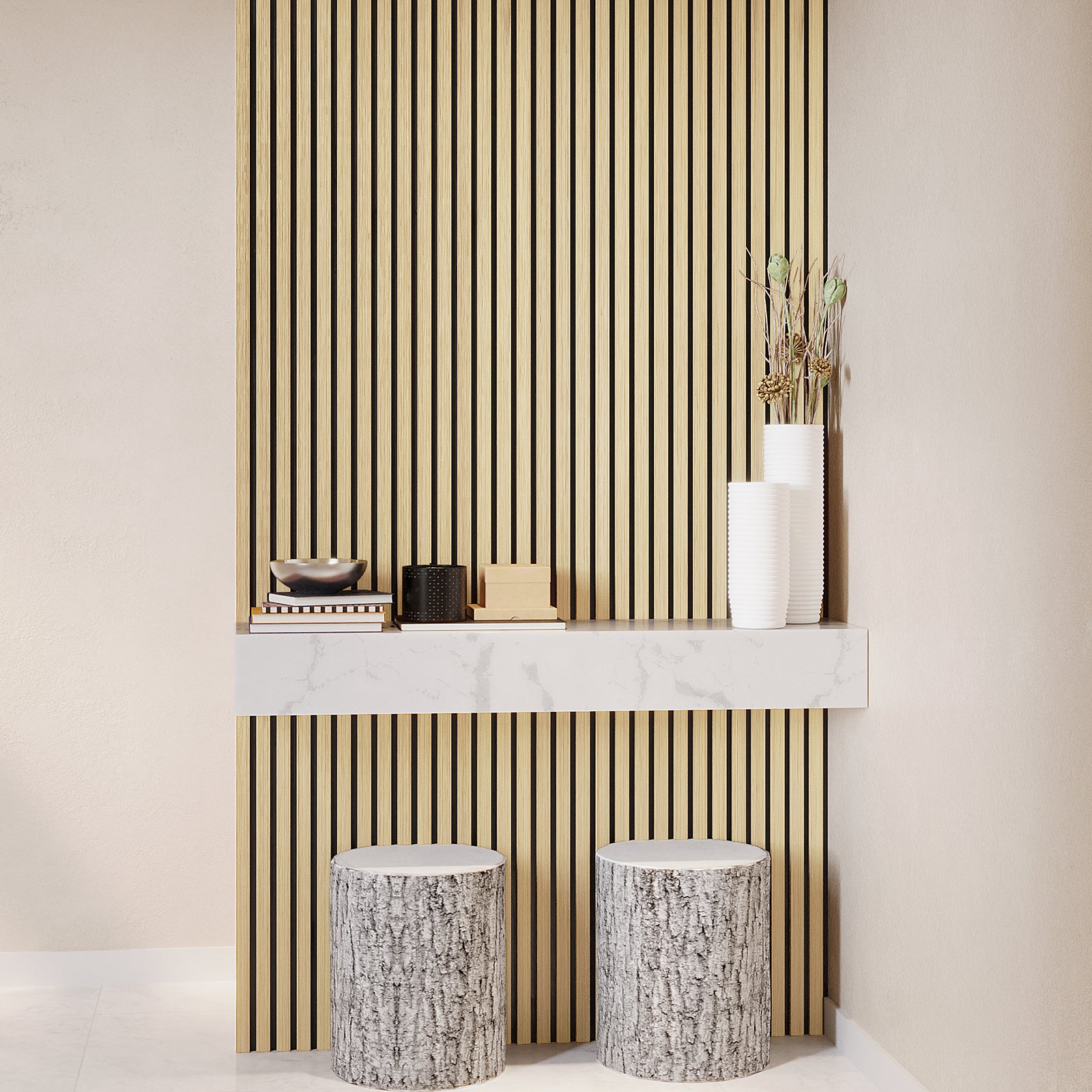 Agoran 240cm Acoustic Wood Slat Wall Panel - Set of 2 Oak, featuring a close-up of wood slats with a sleek finish, showcasing the modern design suitable for soundproofing and decor.