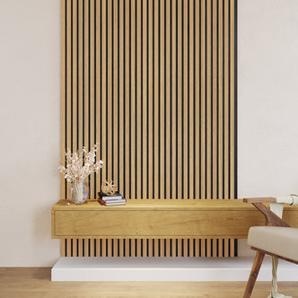 Agoran 270cm Acoustic Wood Slat Wall Panel showcased close-up, emphasizing its sleek timber veneer and engineered wood design, perfect for enhancing room acoustics and aesthetics in home or office settings.