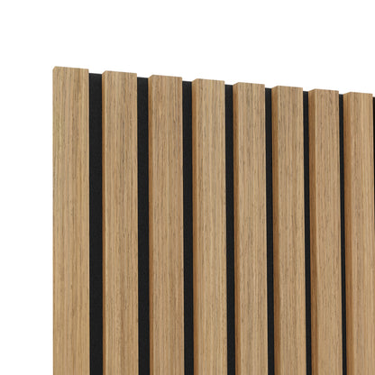 Agoran 270cm Acoustic Wood Slat Wall Panel Natural, featuring close-up details of its elegant wood texture and precise slat spacing, designed for aesthetic appeal and noise reduction in home or office settings.