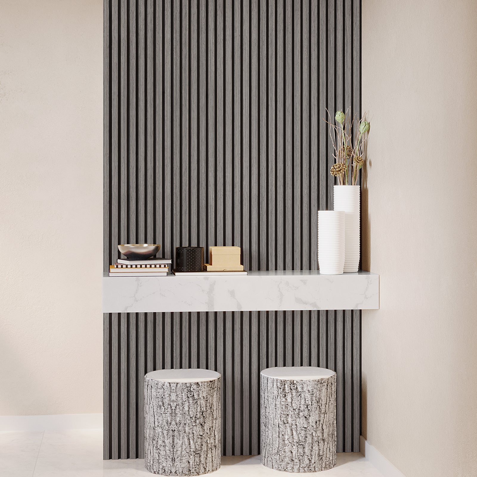 Agoran 270cm Acoustic Wood Slat Wall Panel - Set of 2 Grey Oak, showcasing sleek vertical slats, ideal for modern interiors. Designed for flexible installation on walls, ceilings, or cabinets.