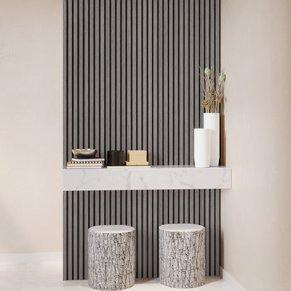 Agoran 270cm Acoustic Wood Slat Wall Panel - Set of 2 Grey Oak, showcasing sleek vertical slats, ideal for modern interiors. Designed for flexible installation on walls, ceilings, or cabinets.