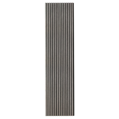 Close-up of the Agoran 270cm Acoustic Wood Slat Wall Panel Set of 2 Grey Oak, featuring sleek wood slats and a modern design, ideal for enhancing style and reducing noise in interiors.