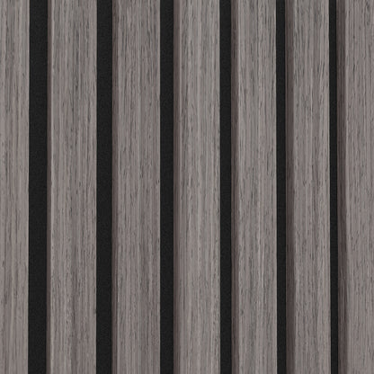 Close-up of Agoran 270cm Acoustic Wood Slat Wall Panel, Set of 2 Grey Oak, highlighting its parallel wood slat design. Perfect for enhancing interiors with sound reduction and modern style.