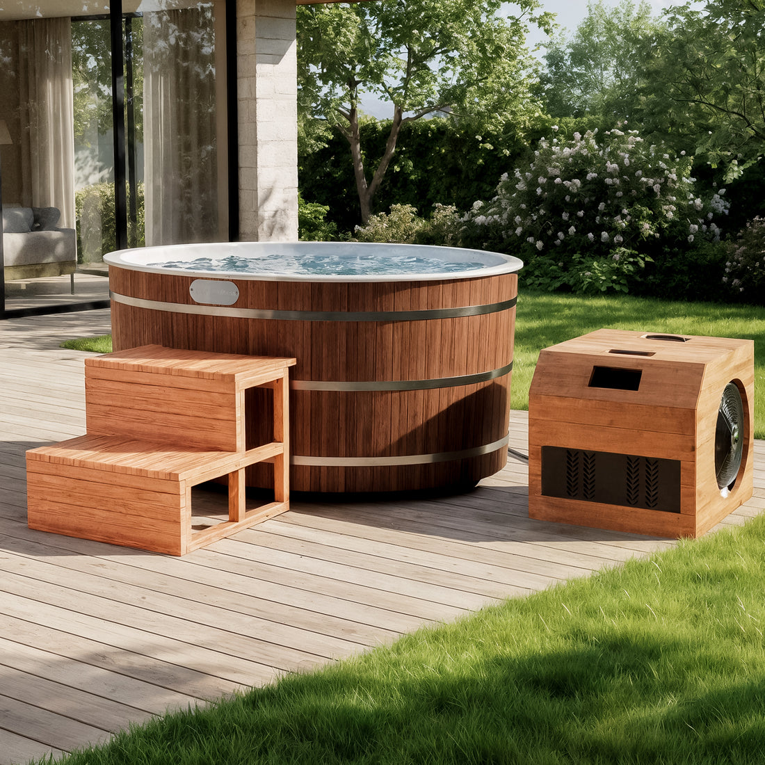 Denman 2 Person Outdoor Ice Bath with 1.5HP Chiller in Natural on a wooden deck, featuring a wood-clad hot tub, two-step stool, and wood-encased pump/heater unit amidst a garden setting.