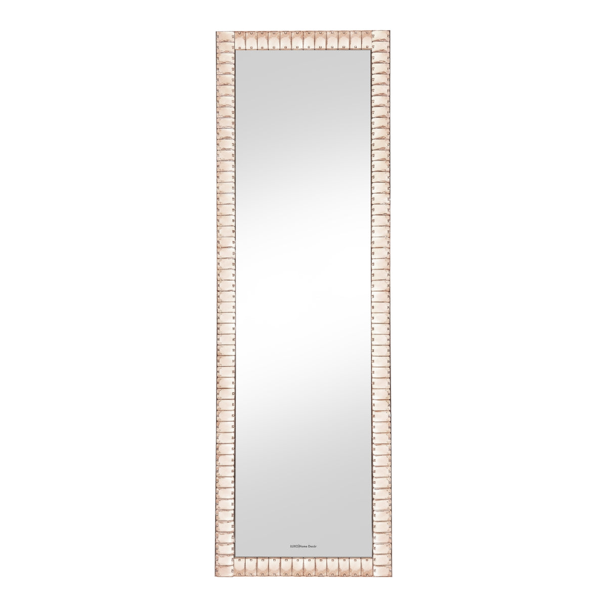 Full-length mirror with blush beaded frame on white background