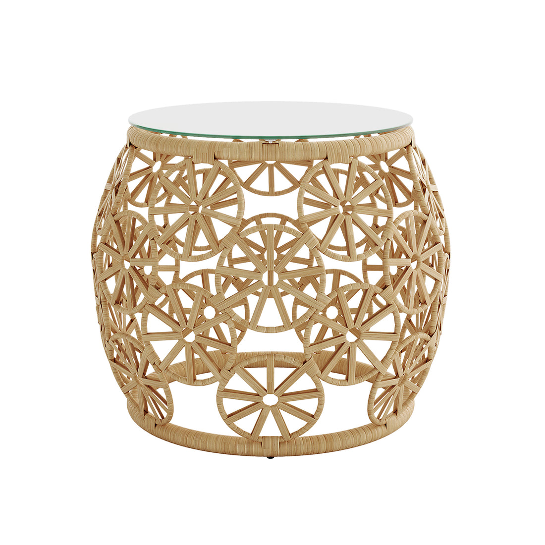 Aarani Round Rattan Side Table - Natural features a close-up view of its intricate wicker pattern, glass top, and robust design, highlighting its elegance and functionality for indoor or outdoor use.