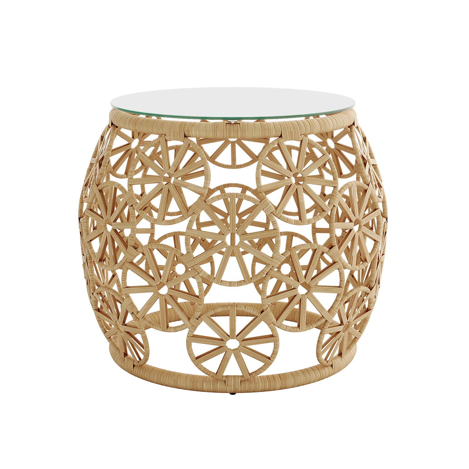Aarani Round Rattan Side Table - Natural features a close-up view of its intricate wicker pattern, glass top, and robust design, highlighting its elegance and functionality for indoor or outdoor use.
