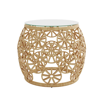 Aarani Round Rattan Side Table - Natural features a close-up view of its intricate wicker pattern, glass top, and robust design, highlighting its elegance and functionality for indoor or outdoor use.