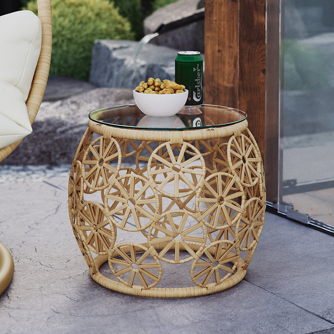 Aarani Round Rattan Side Table - Natural featuring intricate PE rattan weaving and a sleek tempered glass top, set against a simple background highlighting its elegant round shape and durable design.