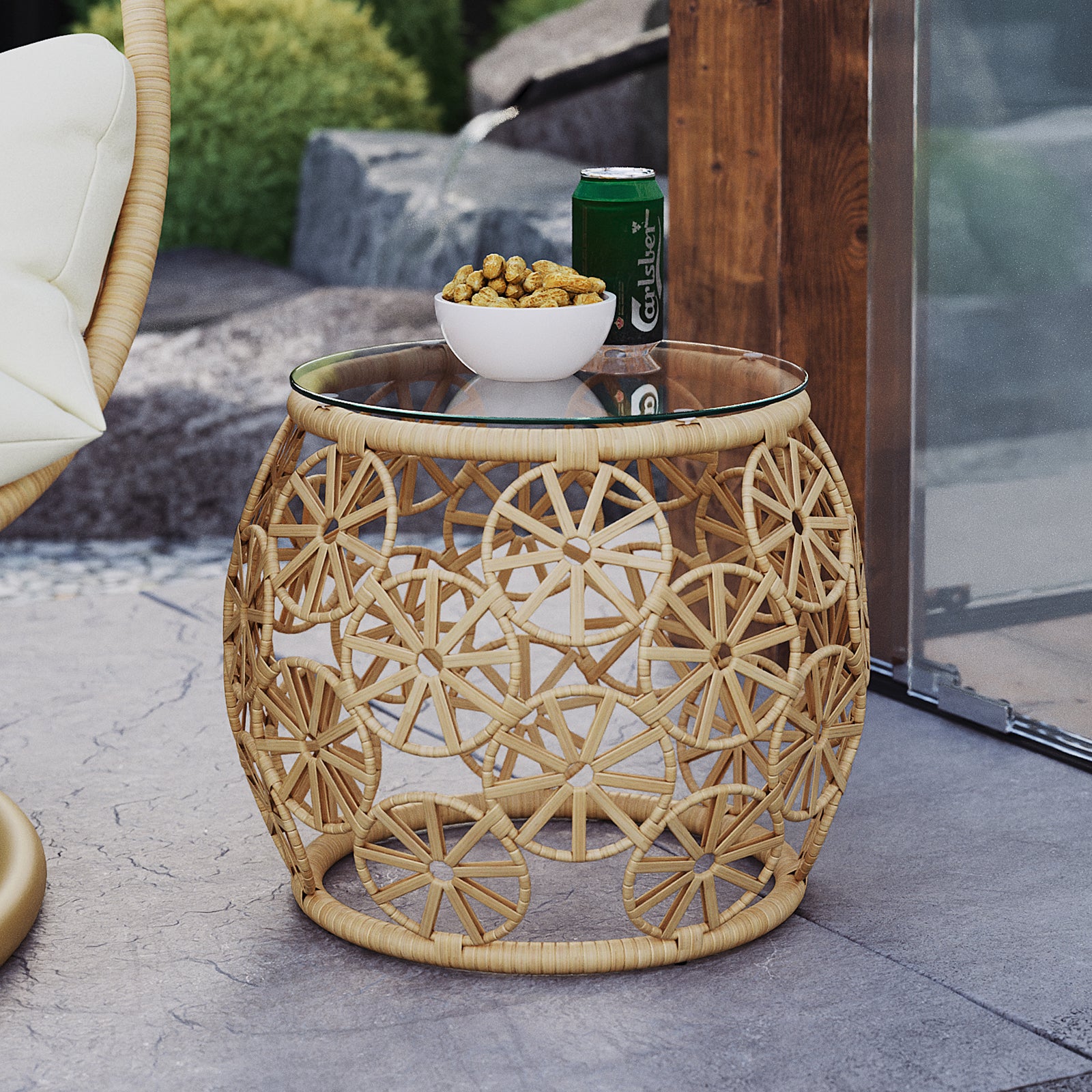 Aarani Round Rattan Side Table - Natural featuring intricate PE rattan weaving and a sleek tempered glass top, set against a simple background highlighting its elegant round shape and durable design.