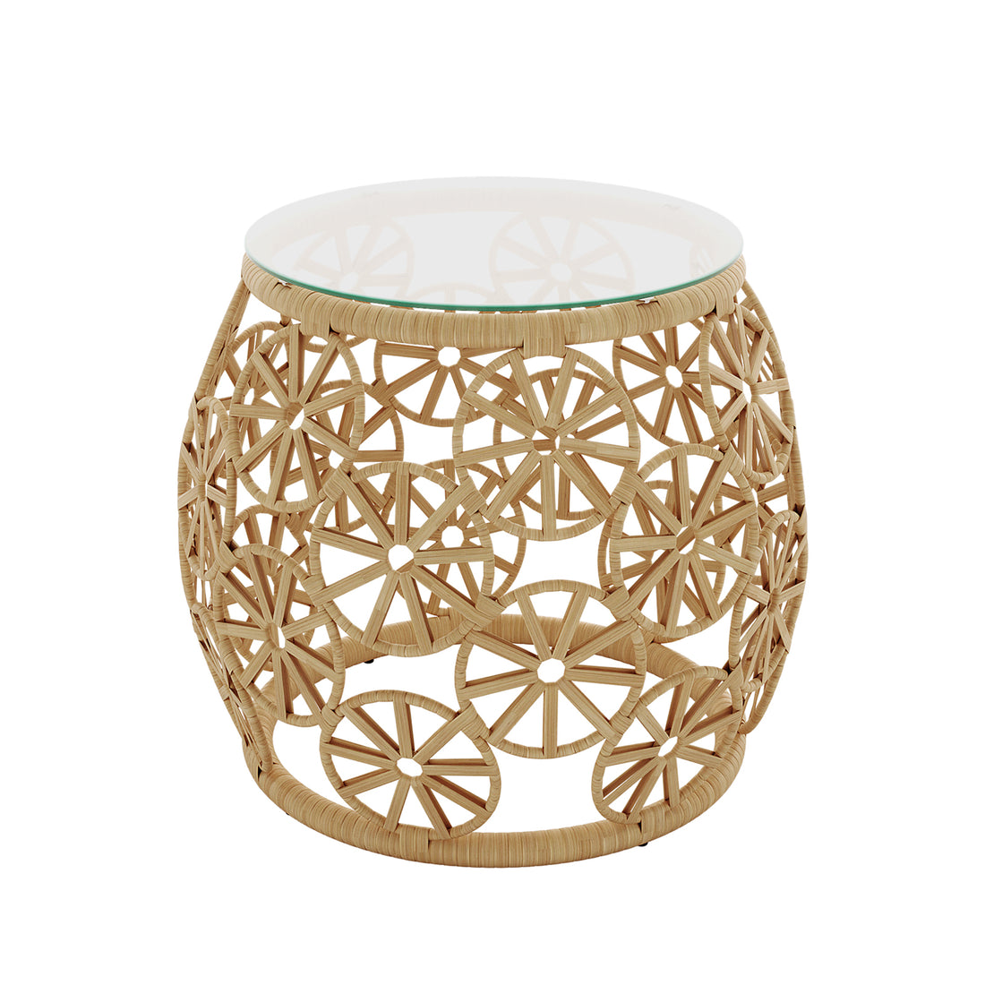 Front of Aarani Round Rattan Side Table - Black, showcasing intricate PE rattan weaving and a sleek tempered glass top, highlighting its elegant and durable design for versatile indoor or outdoor use.