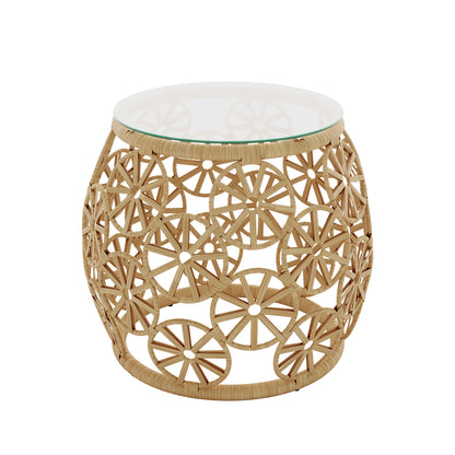 Front of Aarani Round Rattan Side Table - Black, showcasing intricate PE rattan weaving and a sleek tempered glass top, highlighting its elegant and durable design for versatile indoor or outdoor use.