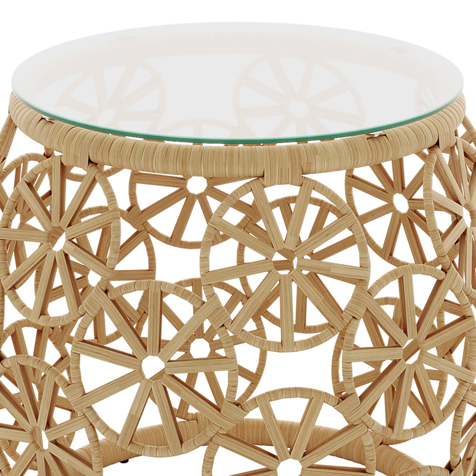 Close-Up of Aarani Round Rattan Side Table - Natural with glass top features a Natural wicker design, ideal for indoor or outdoor use, blending elegance with functionality.