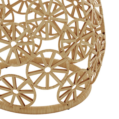 Close-Up of Aarani Round Rattan Side Table - Black features a close-up view of a Natural circular woven pattern illustrating the elegant design and texture of the table's PE rattan surface.