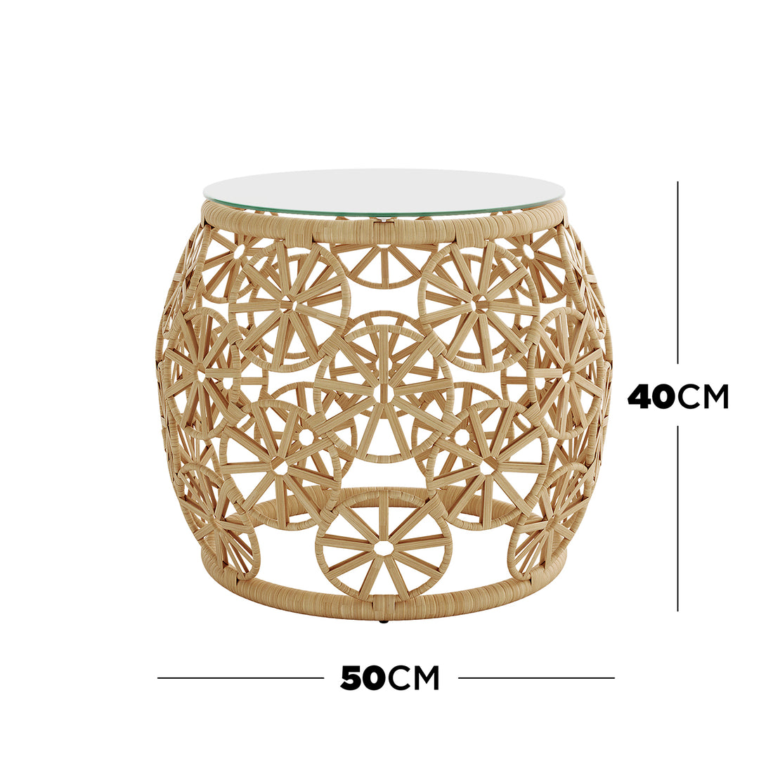 Dimension of Aarani Round Rattan Side Table -Natural : A natural wicker table with a glass top, showcasing a round design and intricate weaving, suitable for both indoor and outdoor use.