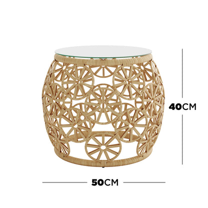 Dimension of Aarani Round Rattan Side Table -Natural : A natural wicker table with a glass top, showcasing a round design and intricate weaving, suitable for both indoor and outdoor use.